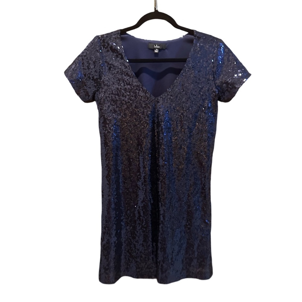 Lulus Light Up the Night Navy Blue Sequin Shift Dress Sz XS